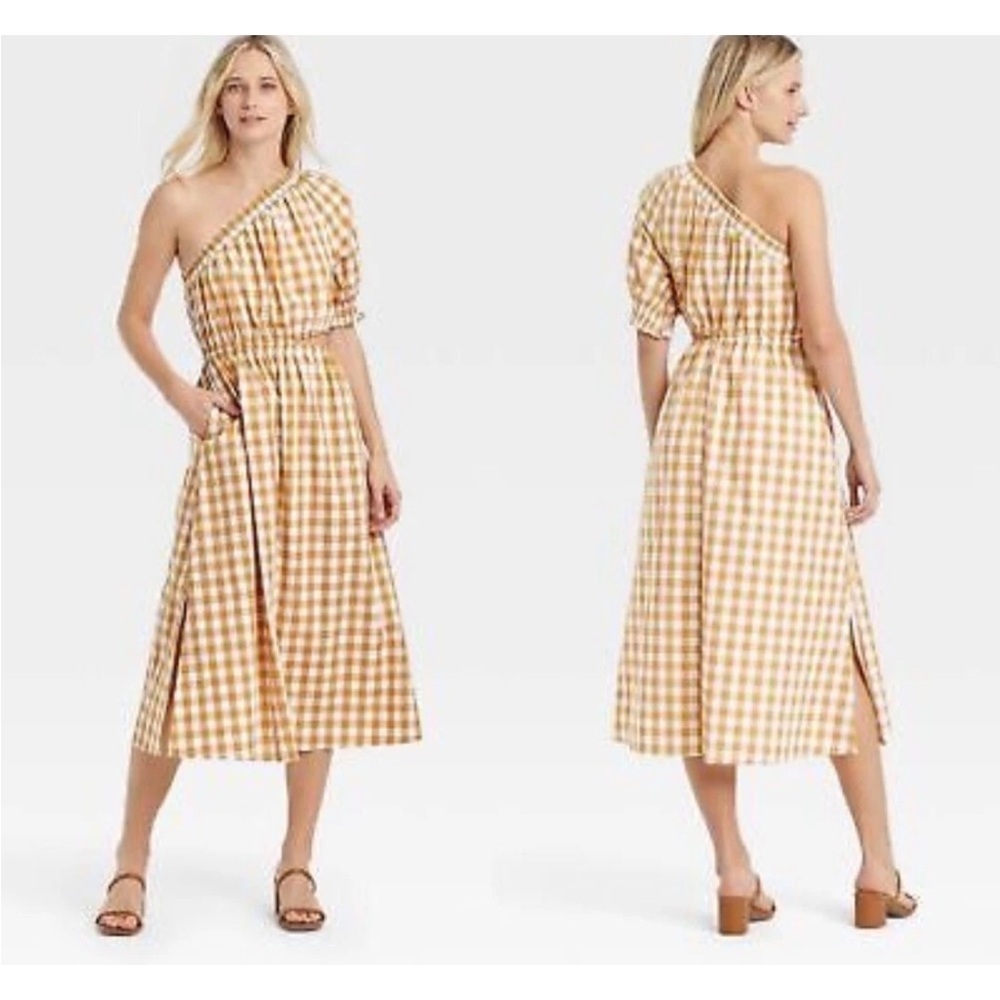 NWT Who What Wear One-Shoulder Gingham Midi Dress Honey Mustard Boho Cotton 1X